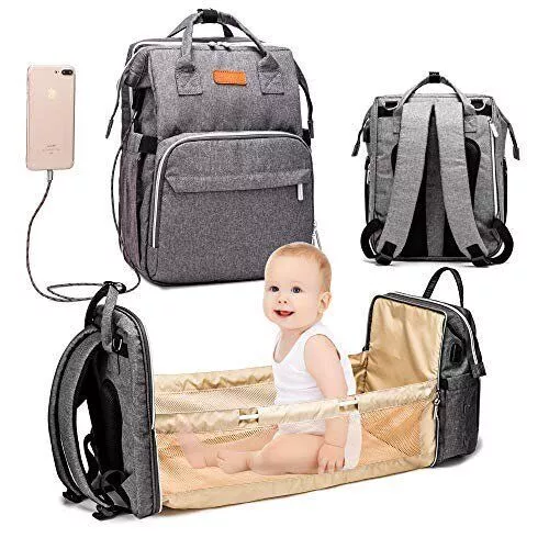 Portable 3 in 1 Travel Baby Crib Bed Diaper Bag Diaper Backpack USB Charge Port
