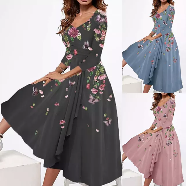 Plus Size Womens Floral V-Neck Midi Dress Ladies Casual Party Boho Long Dresses