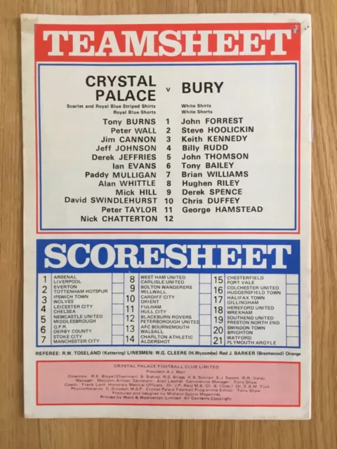 Crystal Palace v Bury 1974/75 League Division 3 Programme. Excellent Condition. 2