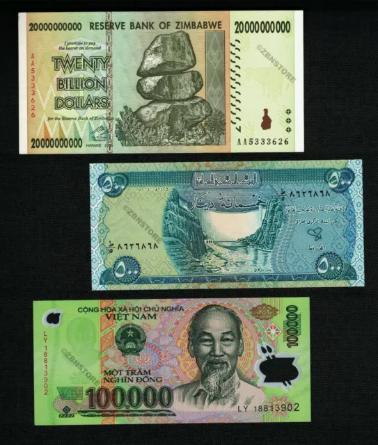 20 Billion Dollars Zimbabwe 500 Iraq Dinars 100,000 Vietnam Dong + Authentic COA