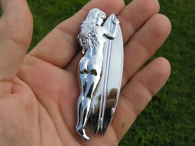 SEXY NUDE SURFER GIRL CAR BADGE UK Chrome Metal Emblem Surf Board Rider Kombi