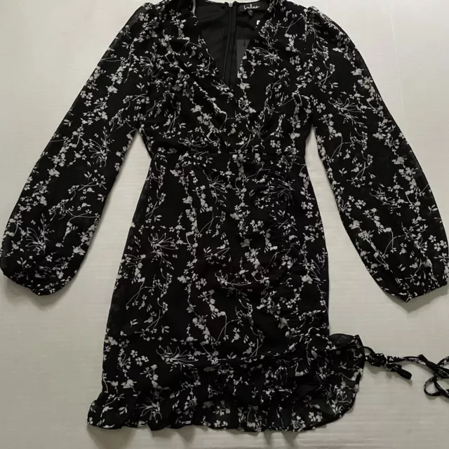 Lulus Dress Womens XS Black Floral Faux Wrap Ruched Skirt Long Sleeve NWT