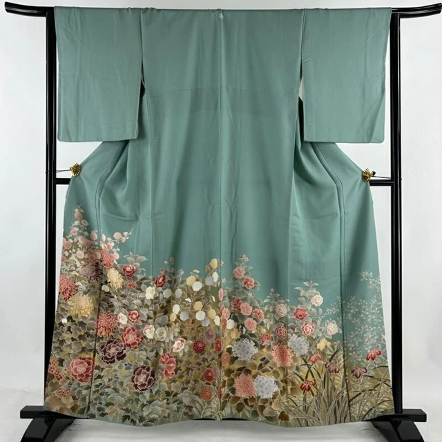 Woman Japanese Kimono Iro-Tomesode Silk Chrysanthemum Peony Embroidery LightGree