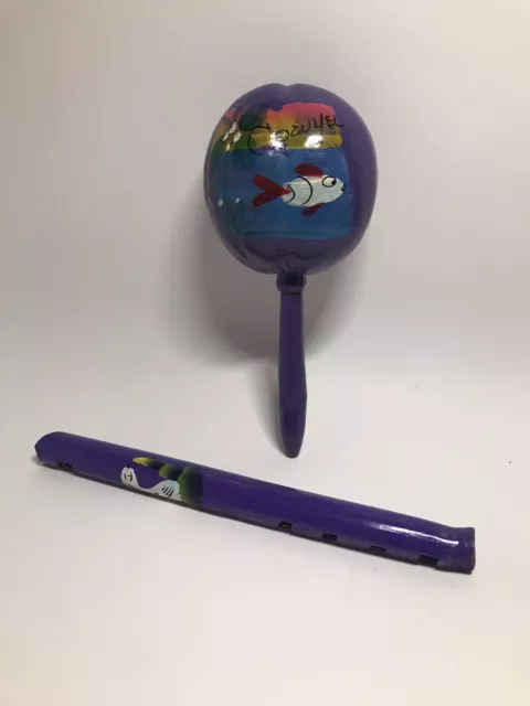 Lot of 2 Hand-painted Wooden Maraca And Flute Cozumel Mexico Purple Souvenir