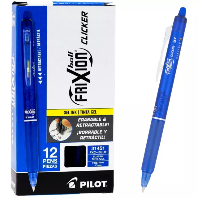 Pilot FriXion Ball Clicker 0.7 Retractable Erasable Blue Gel Ink Pen, Box of 12