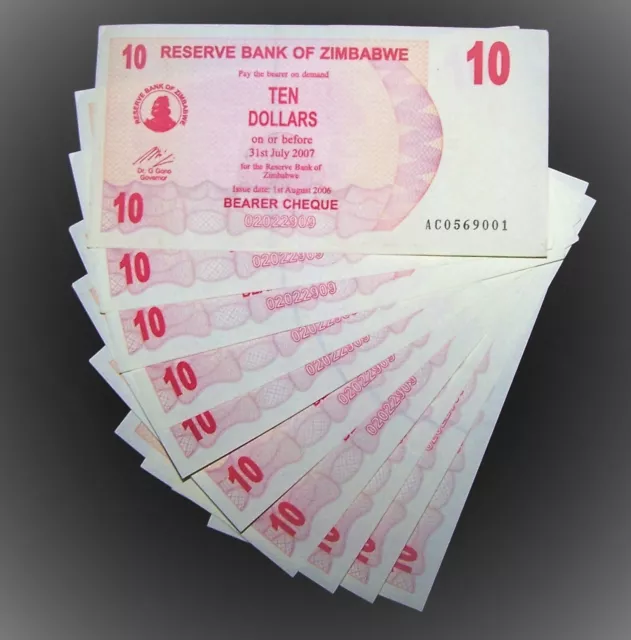 10 x Zimbabwe 10 dollar bearer cheque banknotes-AU-unc consecutive currency