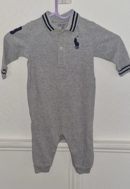 Ralph Lauren Boys Baby Grow Embroidered Grey Romper Jumpsuit  Size 6 Months
