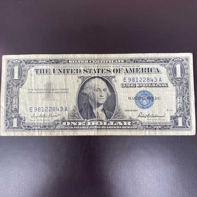 1957 One Dollar Blue Seal Note Silver Certificate Old US Bill 1 Money