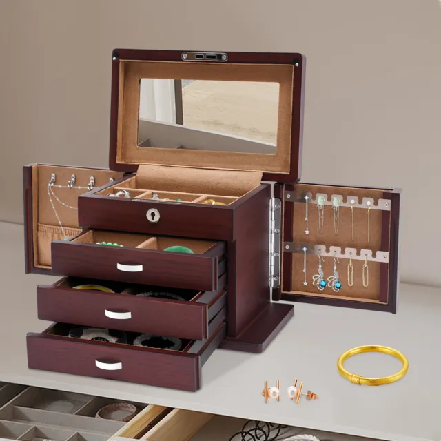 4 Layers Rustic Wooden Jewelry Organizer Case Storage Box w/ 3x Drawers + 1x Key
