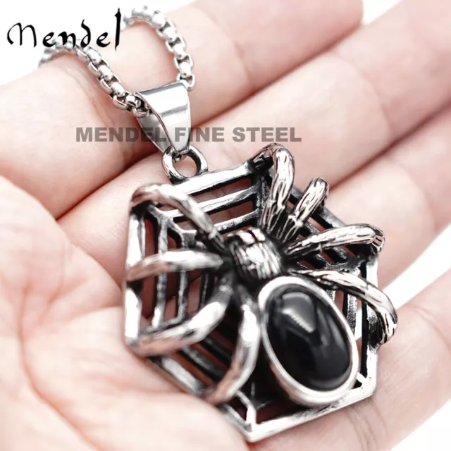 MENDEL Mens Womens Black Onyx Widow Spider Web Pendant Necklace Stainless Steel