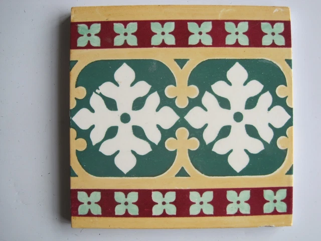 Antique Victorian Minton's Green / Red / Yellow & White Gothic Border Tile 9499