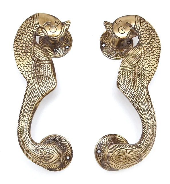 Handmade Antique Brown Finish Brass Curved Peacock Door Handle Pair