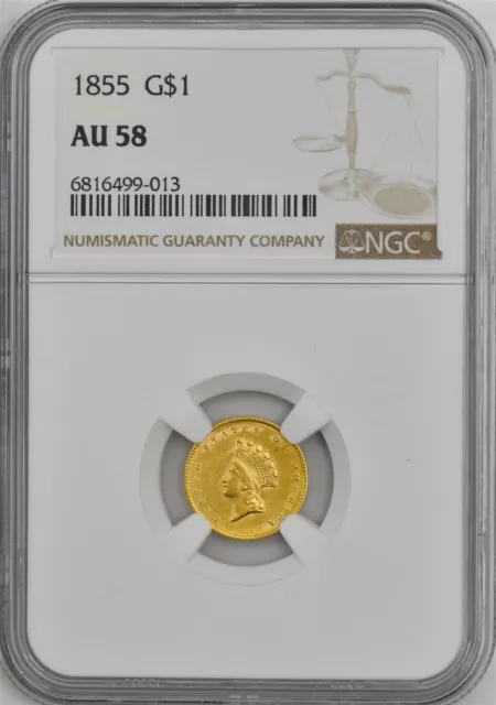 1855 $ Gold Indian Dollar AU58 NGC 946939-9