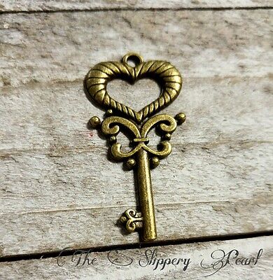 Heart Skeleton Key Pendant Antiqued Bronze Old Fashioned Steampunk Charm