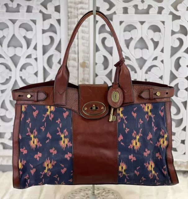 FOSSIL Vintage Reissue Weekender Blue Canvas IKAT Brown Leather Shoulder Handbag