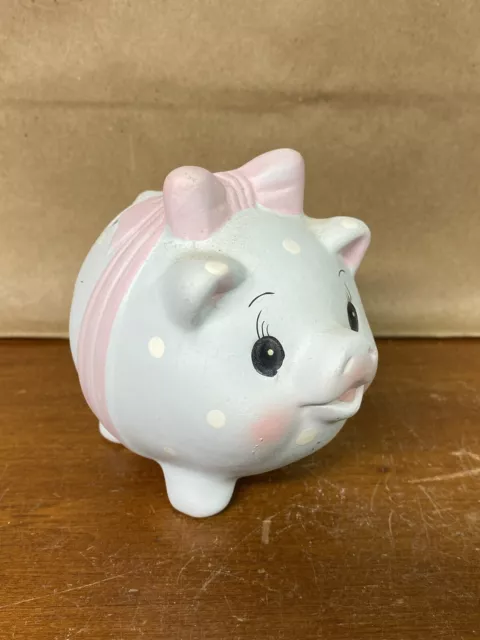 Vintage Enesco Ceramic Blue Polka Dot PIG Piggy Bank With Pink Bow
