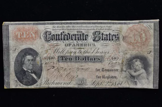 1861 $10 Confederate States Of America ✪ Vf Very Fine ✪ Richmond T-24 ◢Trusted◣