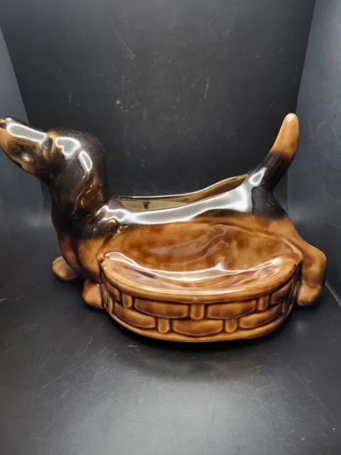 Vintage Mid Century Ceramic Dachshund Weiner Dog Planter Change Caddy Brown