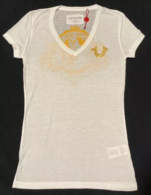 True Religion V Neck White Sheer Cotton Tee Gold Glitter Buddha Size XS NWOT