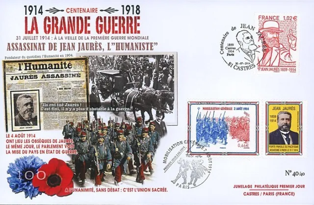 CENT14-19 : 2014 - Maxi FDC FRANCE "100 ans Grande Guerre - Assassinat de Jean J