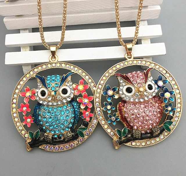 Women's Pink/Blue AB Crystal Enamel Flower Owl Pendant Betsey Johnson Necklace