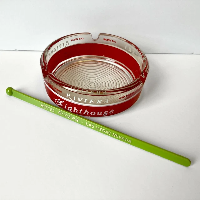 Vtg Las Vegas Riviera Casino & Hotel Ashtray & Swizzle Stick, Clear Red Glass