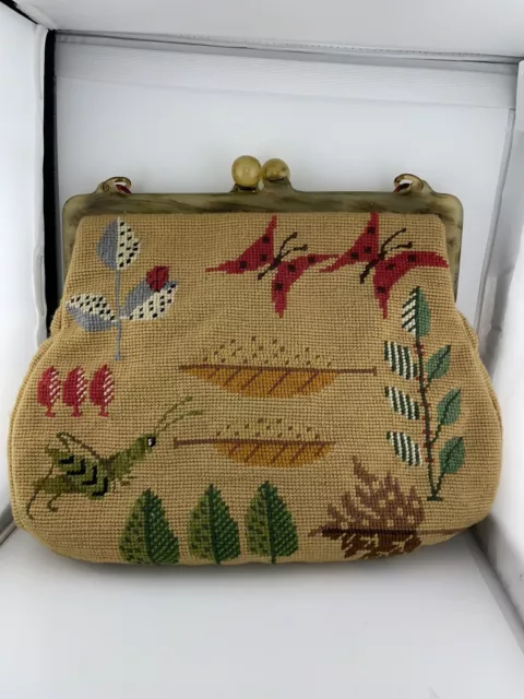 Floral Leaves / Insect Motif Rare 50s vintage needlepoint bag,