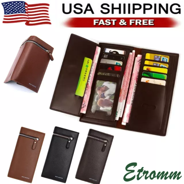 Mens Leather Wallet Credit Card Holder RFID Blocking Slim Money Clip Long Purse