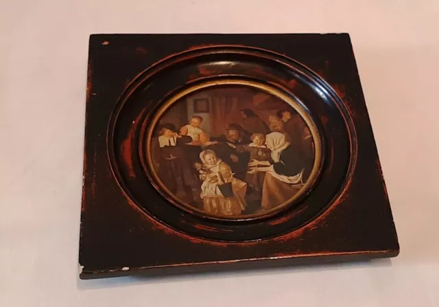 Antiguo cuadro litografía circular en madera...Cuadro con pintura de Jan Steen.
