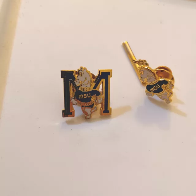 Vintage MSU University Tie Tack AND Lapel Pin Gold Tone And Blue Enamel Set Of 2