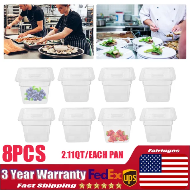 8 PACK 1/6 Size Clear PC Steam Prep Table Food Prep Pans 4" Deep Space Saving