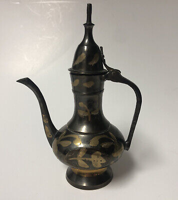 Vintage Engraved Etched Ornate India Brass Oil Pitcher Hinged Lid Tea Pot 6"