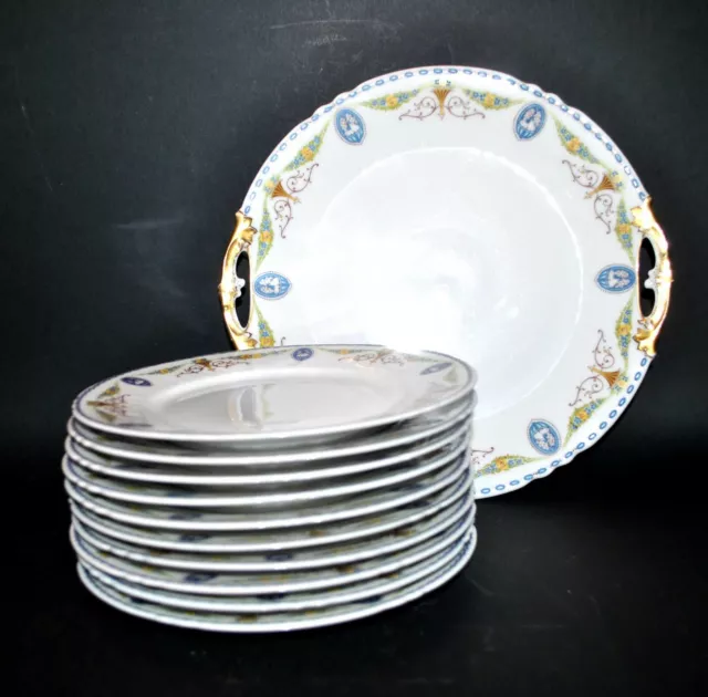 Service à dessert Porcelaine de Limoges 10 assiettes + plat guirlande polychrome