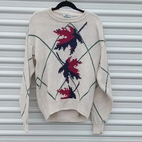 Vintage 1990s Van Heusen 417 Fall Harvest Patchwork Chunky Hand Knit Sweater M