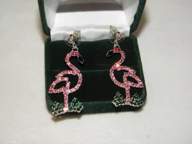 Flamingo Dangle Earrings Austrian Crystal Pink Flamingos New Silver Tone 1 1 /2"