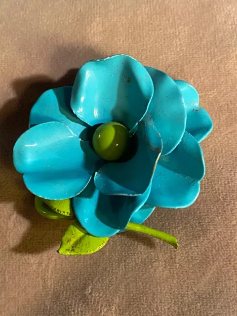 Vintage Retro MCM Blue Enamel Flower Pin Brooch 2"