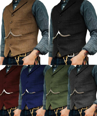 Mens Herringbone Tweed Lapel Wool Waistcoat V-Neck Vest Vintage Suit New
