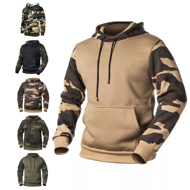 Mens Pullover Camouflage Print Hoodie Running Tops With Pocket Sweatshirt Loose