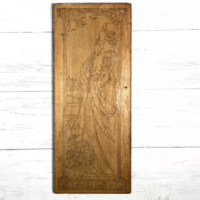Antique 1910 Victorian Carved Wood Wall Hanging Picture Woman Flowers