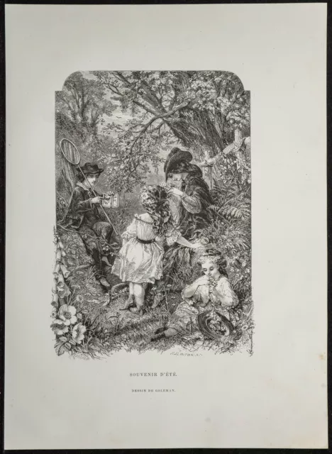 1862 - Souvenir d'été - Gravure ancienne - scène de genre - Chasse au papillons