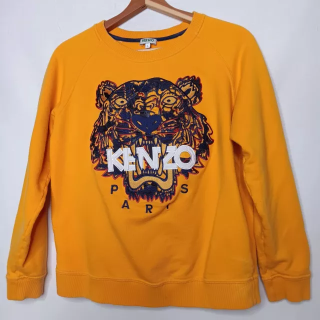 Kenzo Paris Womens Large Sweatshirt Gold Embroidered Tiger Yellow Crew Neck