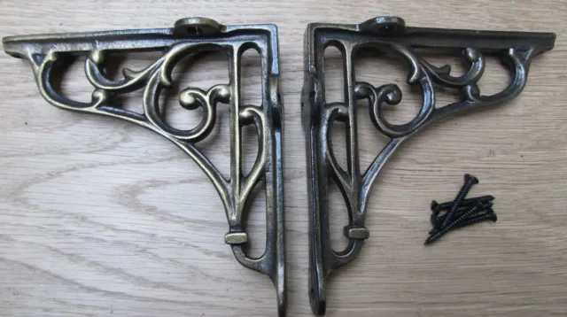5" PAIR ANTIQUE BRASS VICTORIAN SCROLL cast iron ornate shelf support brackets
