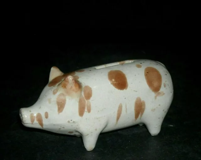 Small (4 3/4") Brown & White Stoneware Pig Bank - Roseville Pottery Ohio Figural