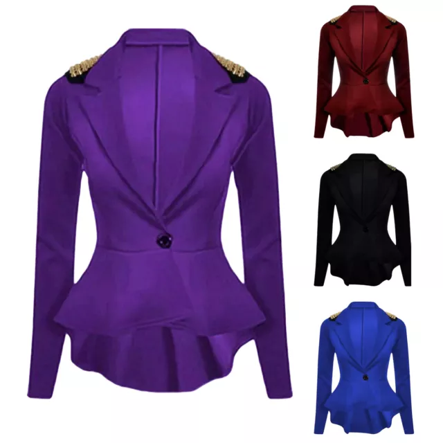 Women's Spike Studded One Button Peplum Shoulder Blazer Jacket Ladies Frill Top