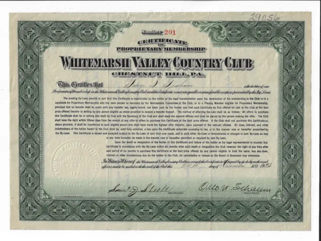 PENNSYLVANIA 1923 Whitemarsh Valley Country Club Stock Certificate Chestnut Hill