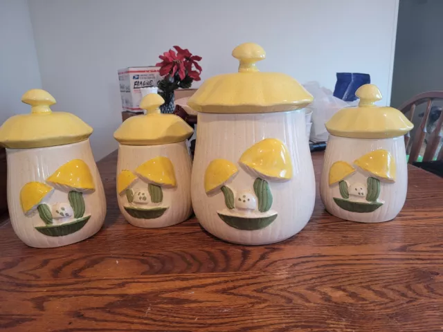 Set Of Four 1968 Yellow And Green Merry Mushroom Canisters Stamped USA Boho MCM