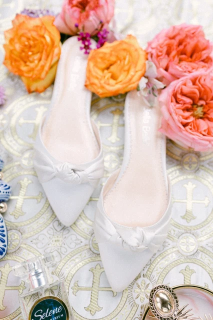 Ivory Satin Flats With Pearl/Rhinestone Heel bella belle shoes SZ 6 Retail$325