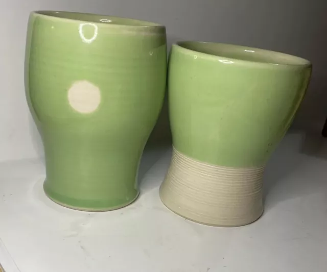 Signed Art Pottery 2 Cute Small Vases Green Dots Two-tone