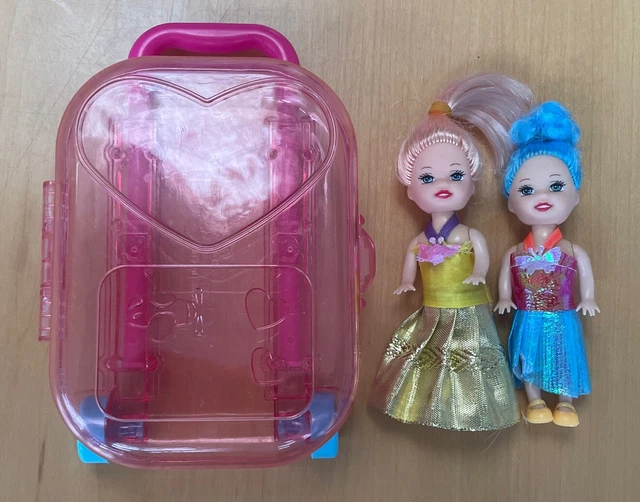 Set Of 2 Miniature Dolls In A Bigger Doll Sized Pink Suitcase With Wheels