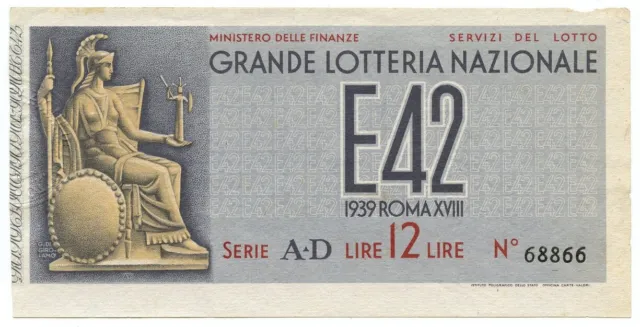 12 Lire Grande Lotteria Nazionale E42 1939 Roma Xviii Bb